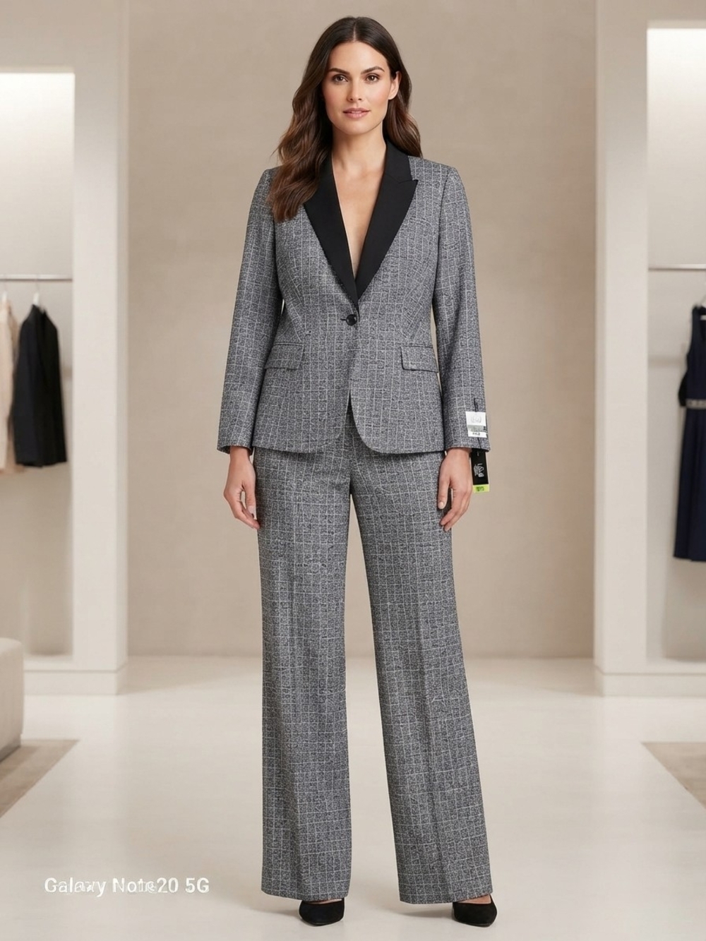 NWT Le Suit Woman Gray Black Check Tweed Pantsuit Sz 18W